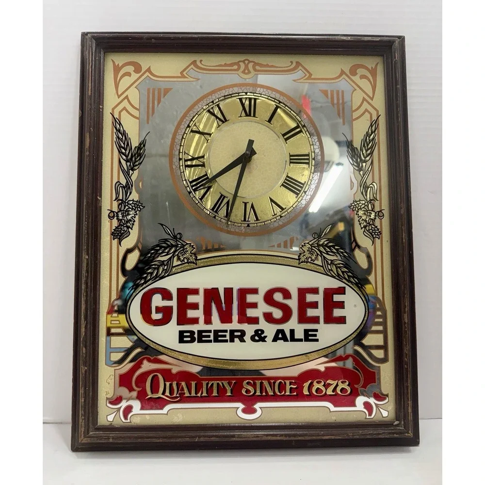 Vintage Genesee Beer And Ale Mirrored Wall Clock Gold Frame Bar/man cave Decor